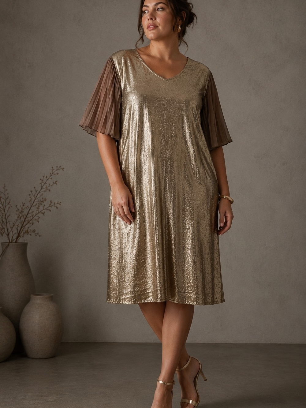 Gold Lamé Shift Dress Pleated Chiffon Sleeve Glam Cocktail Party Boho Luxe 2X